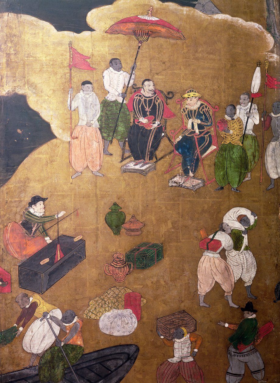 Příjezd Portugalců do Japonska, detail Portugalců, kteří velí vylodění, z obrazovky Namban Byobu, 1594-1618 od Japanese School