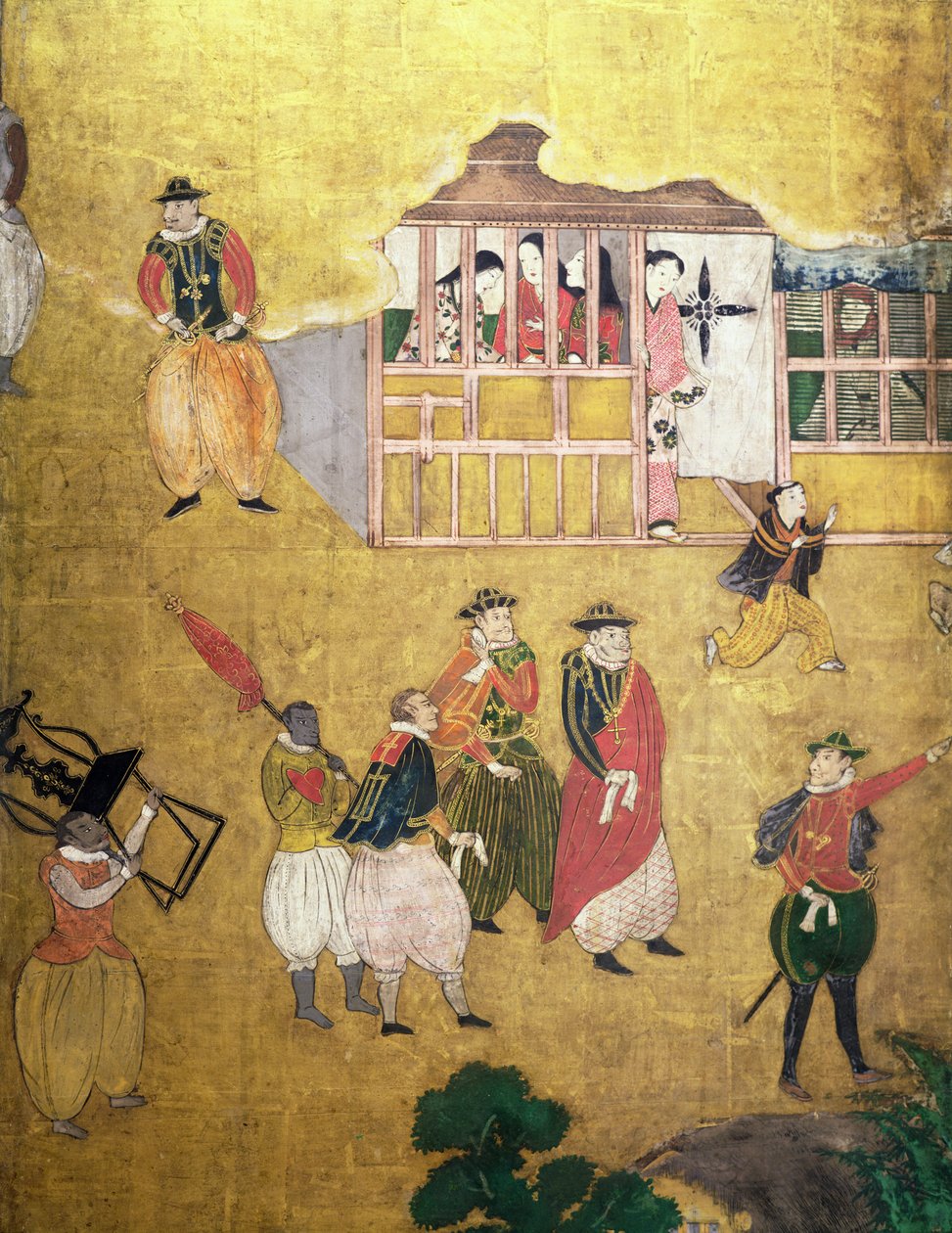 Příjezd Portugalců do Japonska, detail Portugalců z obrazovky Namban Byobu, 1594-1618 od Japanese School