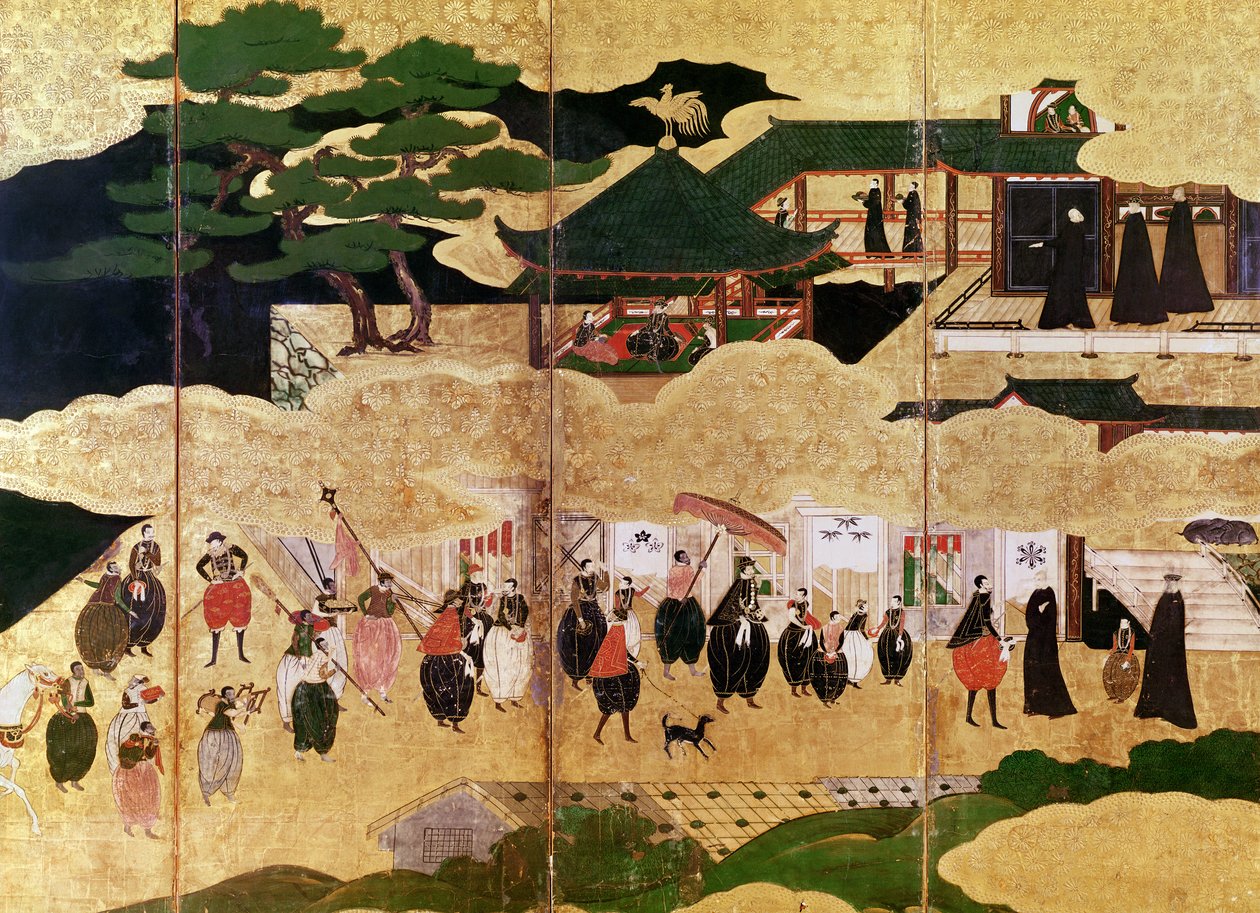 Příjezd Portugalců do Japonska, detail pravé části skládací obrazovky, Kano School (lak) od Japanese School