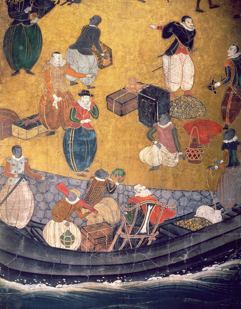 Příjezd Portugalců do Japonska, detail vykládky zboží, z obrazovky Namban Byobu, 1594-1618 od Japanese School