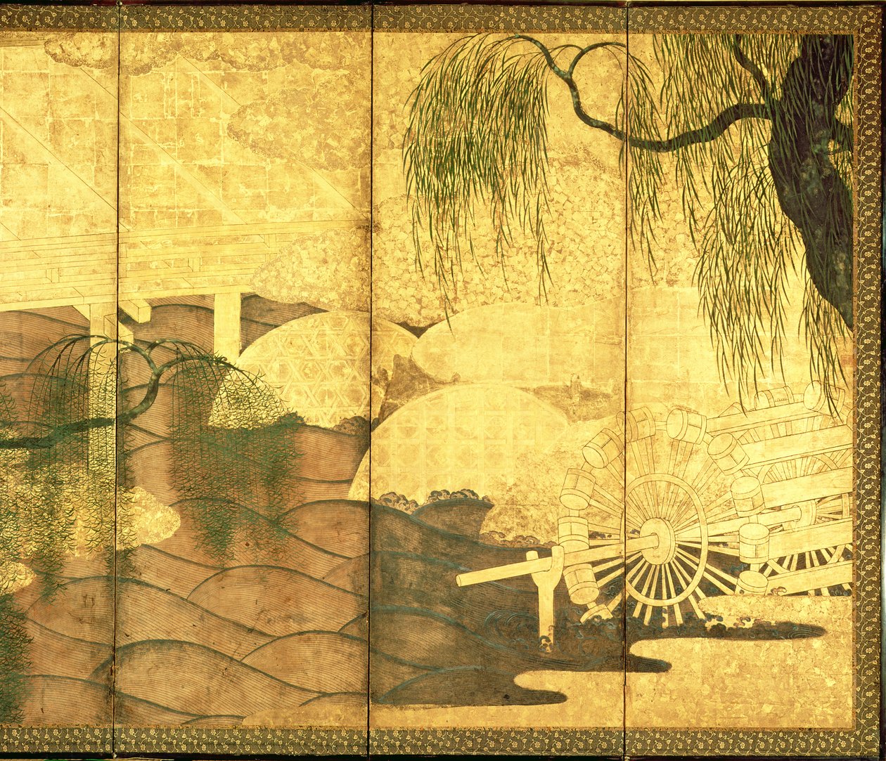 Most na řece Liji (pero a inkoust, barevný a zlatý papír na panelu) (viz 216569) od Japanese School