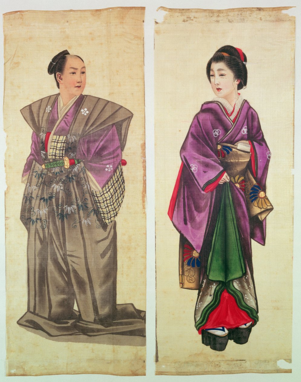 Dvě japonské figury (malované hedvábí) od Japanese School
