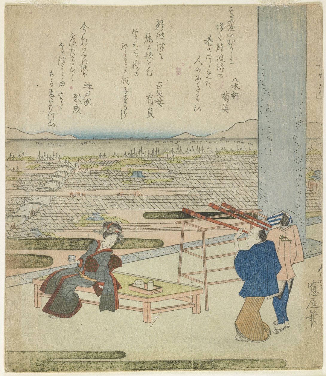 (Žena a dva muži si užívají výhled z budovy na kopci), 20. léta 19. století (barevný dřevořez) od Japanese School