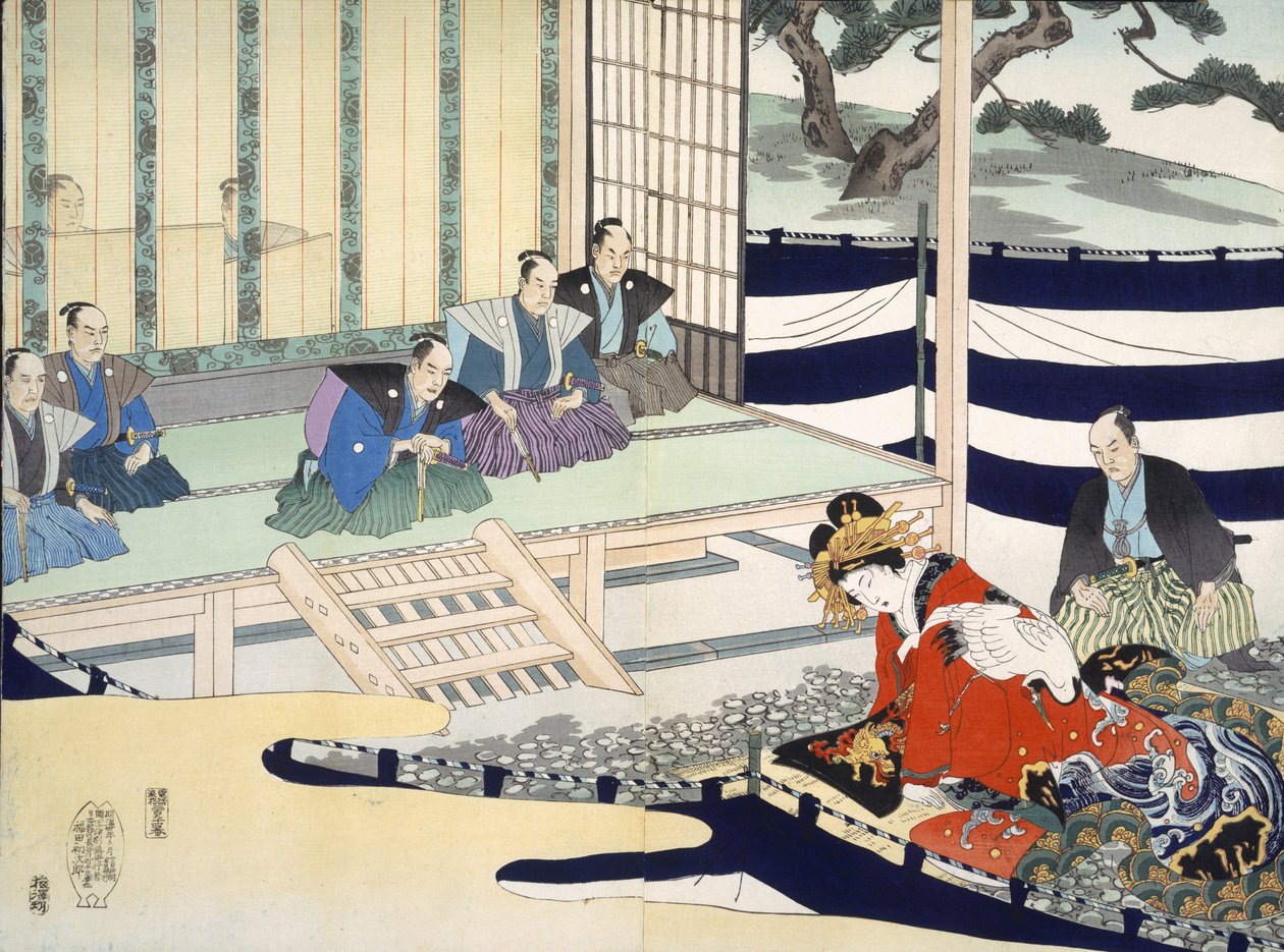 Muž vyslýchá ženu, z alba dřevořezů z 19. století (barevný dřevěný štoček) od Japanese School