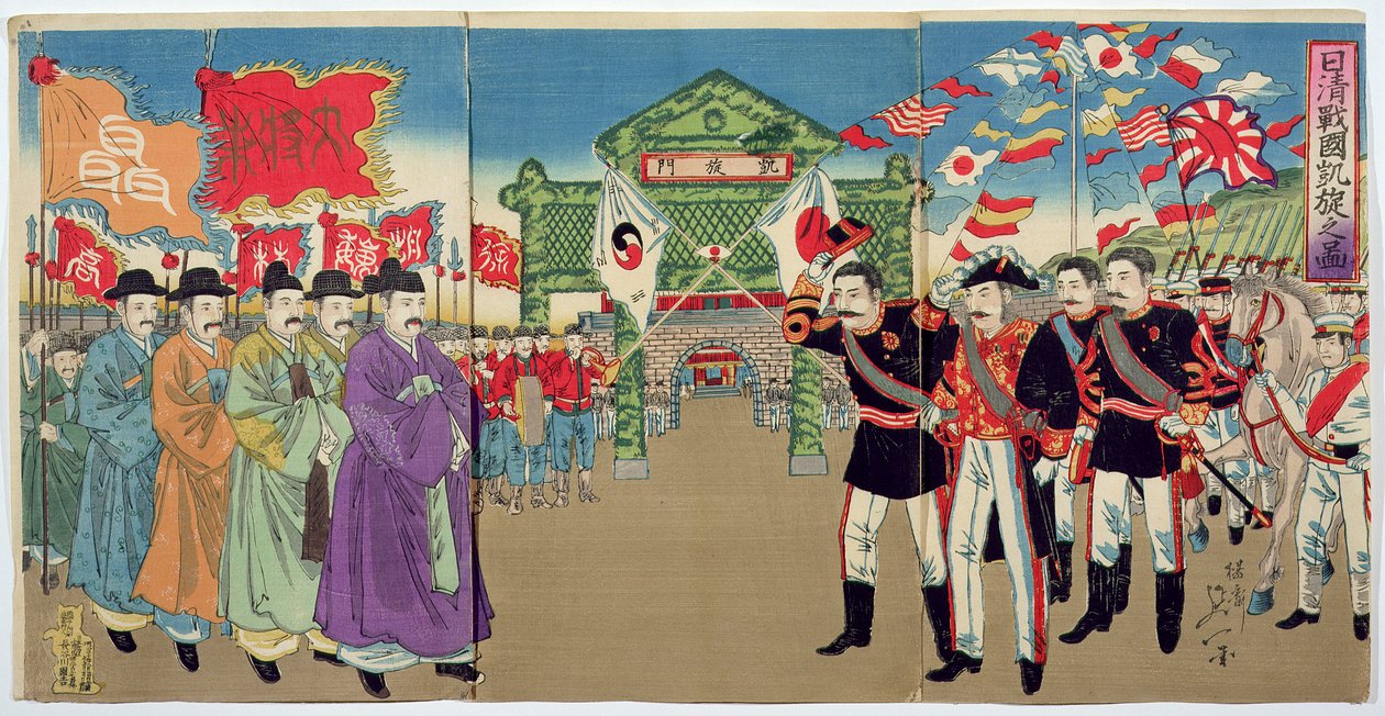 Setkání mezi japonskými důstojníky a korejskými úředníky, epizoda z čínsko-japonské války, konec 19. století (barevný dřevořez) od Japanese School