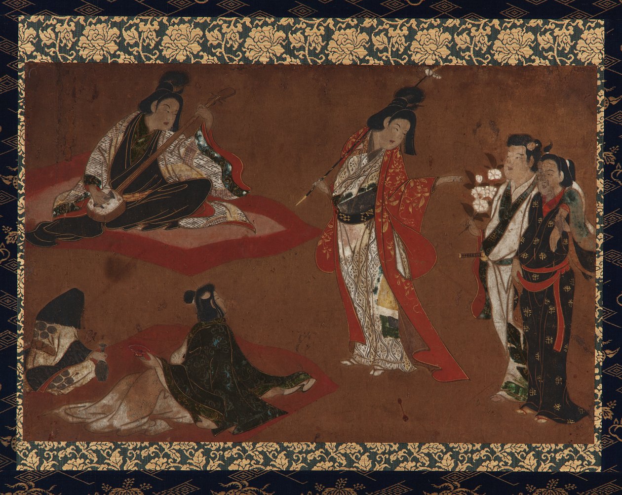 Piknikový večírek, Závěsný svitek (namontovaný na panelu), počátek 17. století (barva a zlato na papíře) od Japanese School