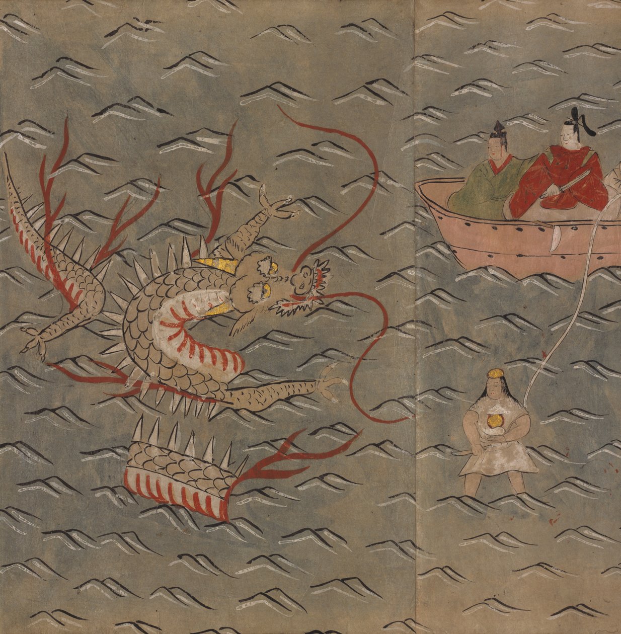 Potápěč drak a žena, ilustrace z „Taishokkan“ (inkoust a barva na papíře) od Japanese School