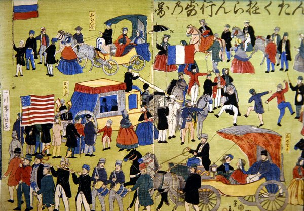 Američtí, nizozemští a francouzští návštěvníci přijíždějící do Jokohamy v Japonsku, kolem roku 1860 (barevný dřevoryt) od Japanese School