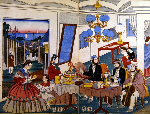Americká nebo evropská rodina v Japonsku, asi 1860 (barevný dřevoryt) od Japanese School