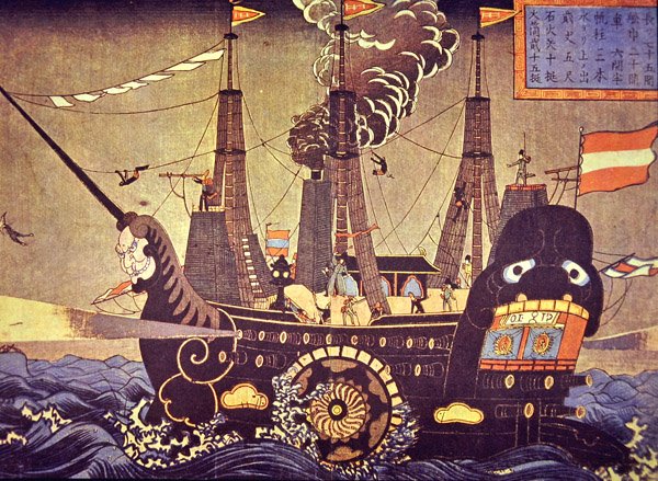 Americký parník s bočními pádly z roku 1853 namalovaný ohromeným japonským umělcem od Japanese School