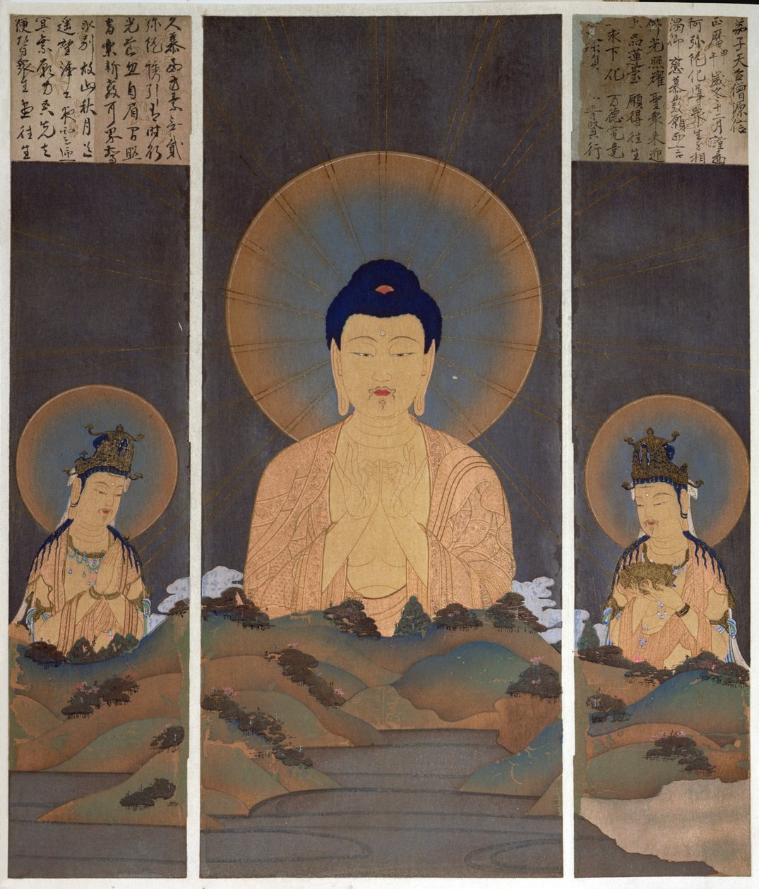 Zjevení buddhistické trojice, Buddhy Amitábhy a jeho dvou bódhisattvů, Kannon (Soucit) a Seishi (Moudrost) na hoře, ilustrace z časopisu "Kokka", leden 1909 (barevná litografie). od Japanese School