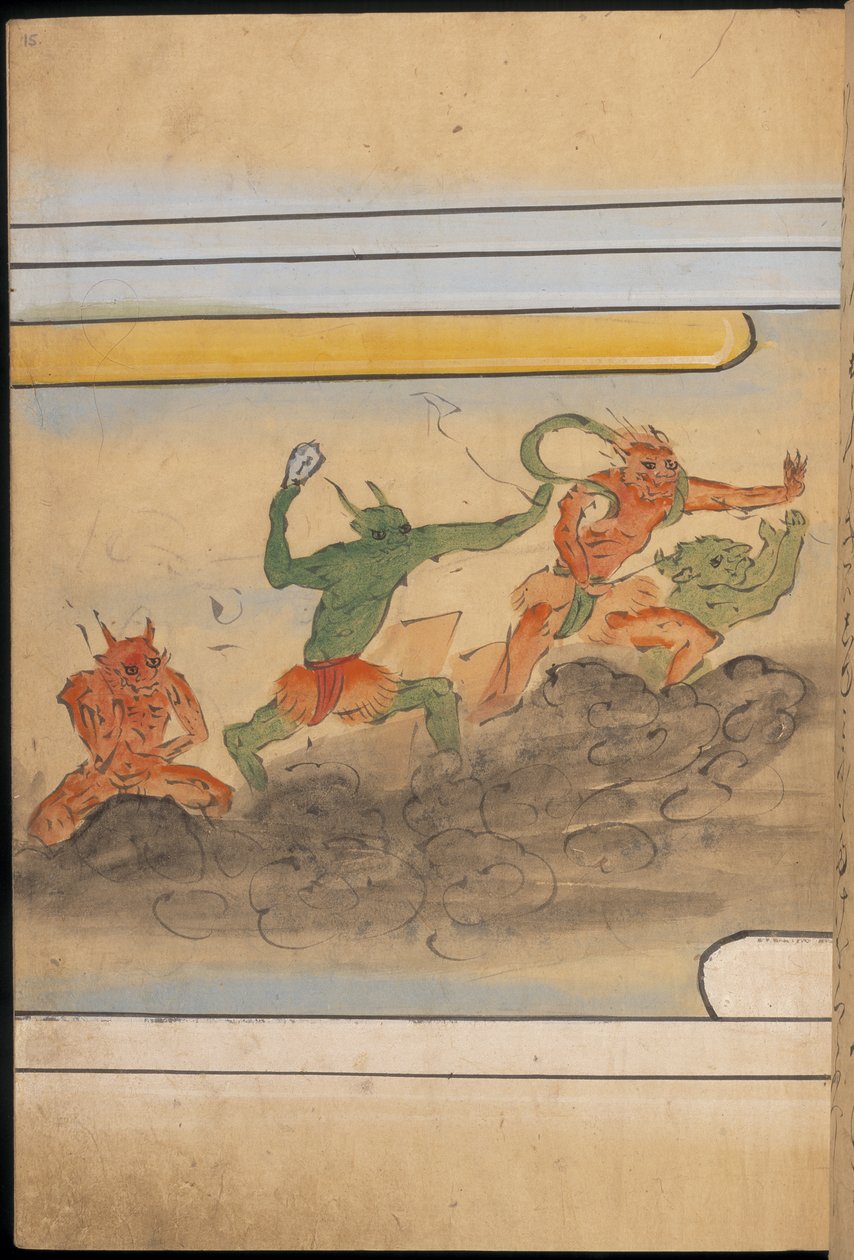 Ozbrojení skřeti, ilustrace z „Taishokkan“ (inkoust a barva na papíře) od Japanese School