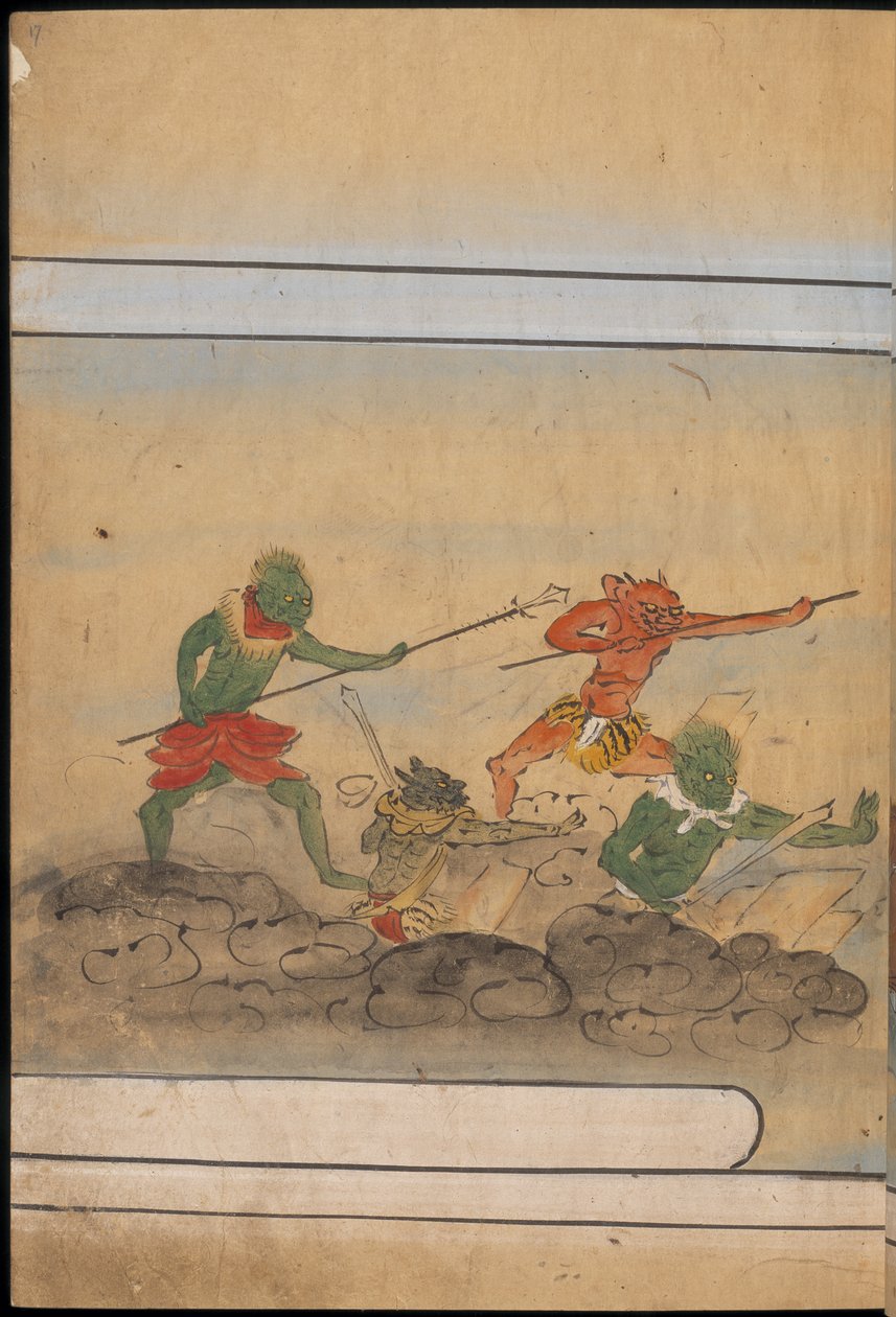 Ozbrojení skřeti, ilustrace z „Taishokkan“ (inkoust a barva na papíře) od Japanese School