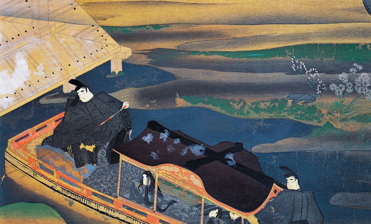 Loď v měsíčním světle, Fujiwara Nobuzane (1176-1265), ilustrace z Deníku Murasaki Shikibu, japonská civilizace od Japanese School