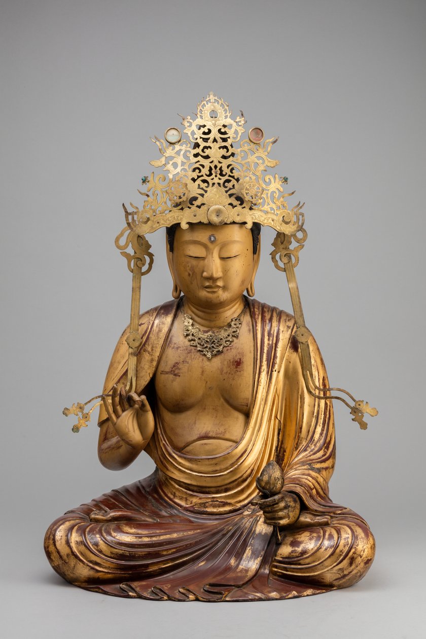 Bodhisattva Kannon s lotosovým květem (dřevo, zlacení a lak) od Japanese School