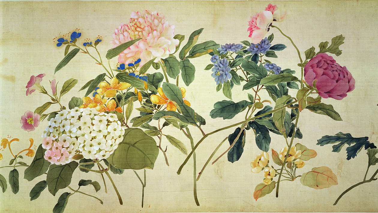 Botanická studie květin (wc na hedvábí) od Japanese School