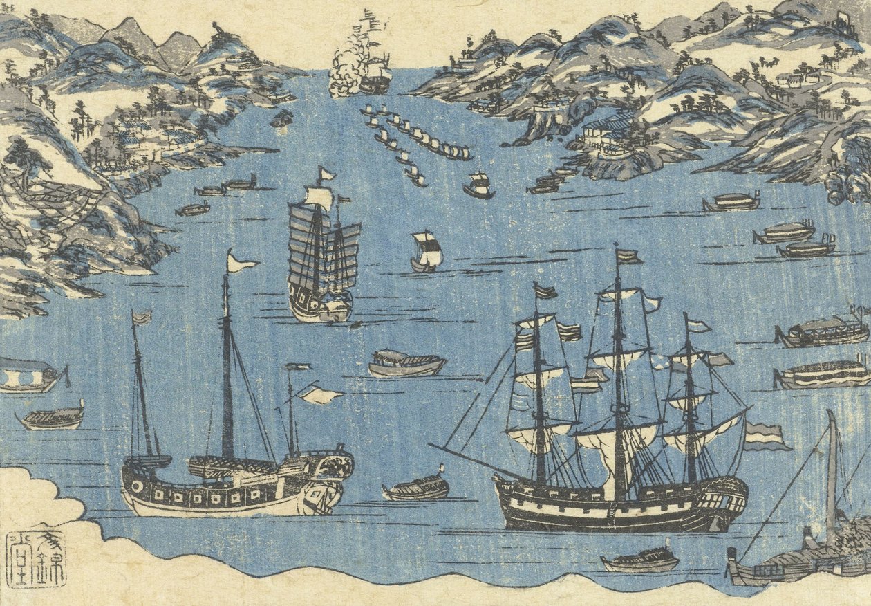 Bunkindo tisk cizích lodí v přístavu Nagasaki, 1800-50 od Japanese School