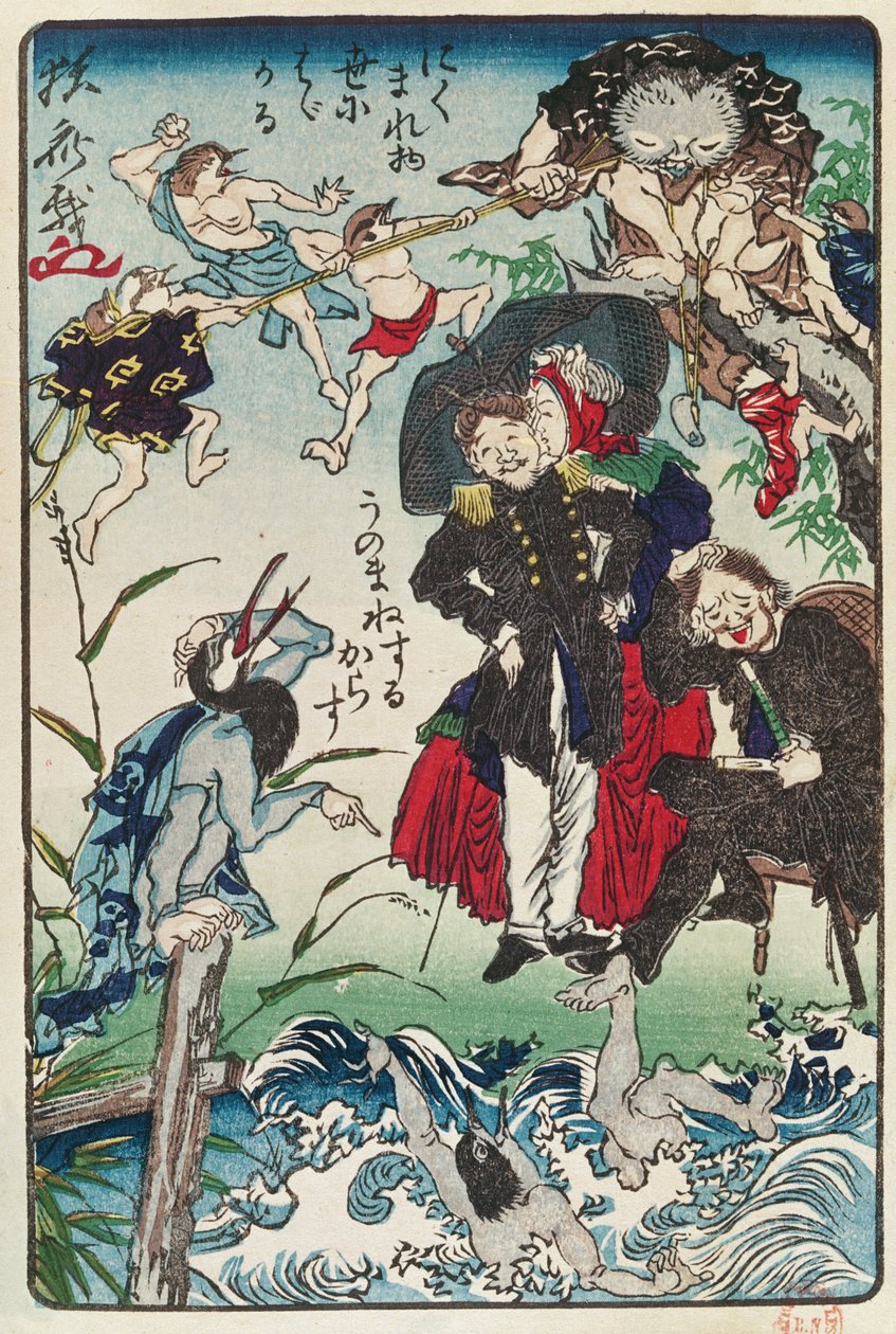 Karikatura Japonců v západním oblečení, kolem roku 1870 (barevný dřevotisk) od Japanese School