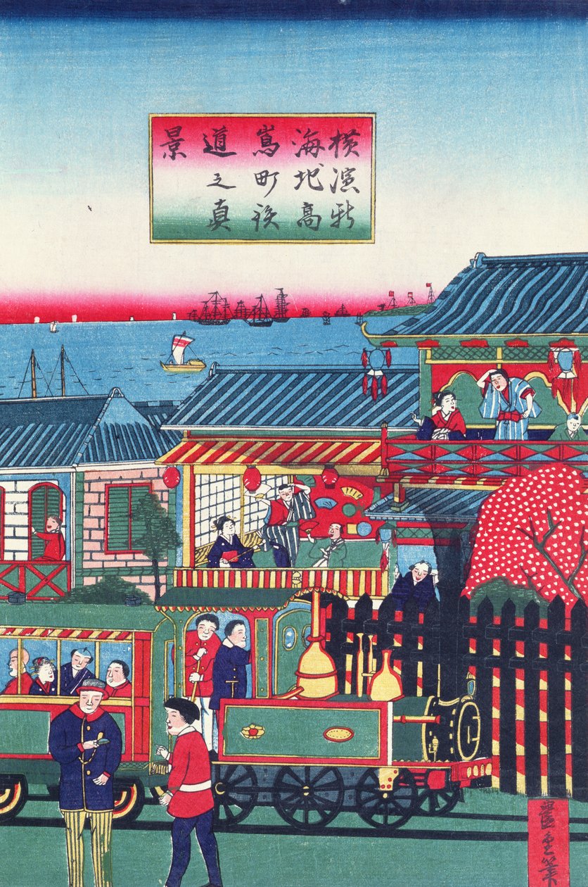 Střední část triptychu zobrazující vlak v Jokohamě, druhá polovina 19. století (viz také 277856) od Japanese School