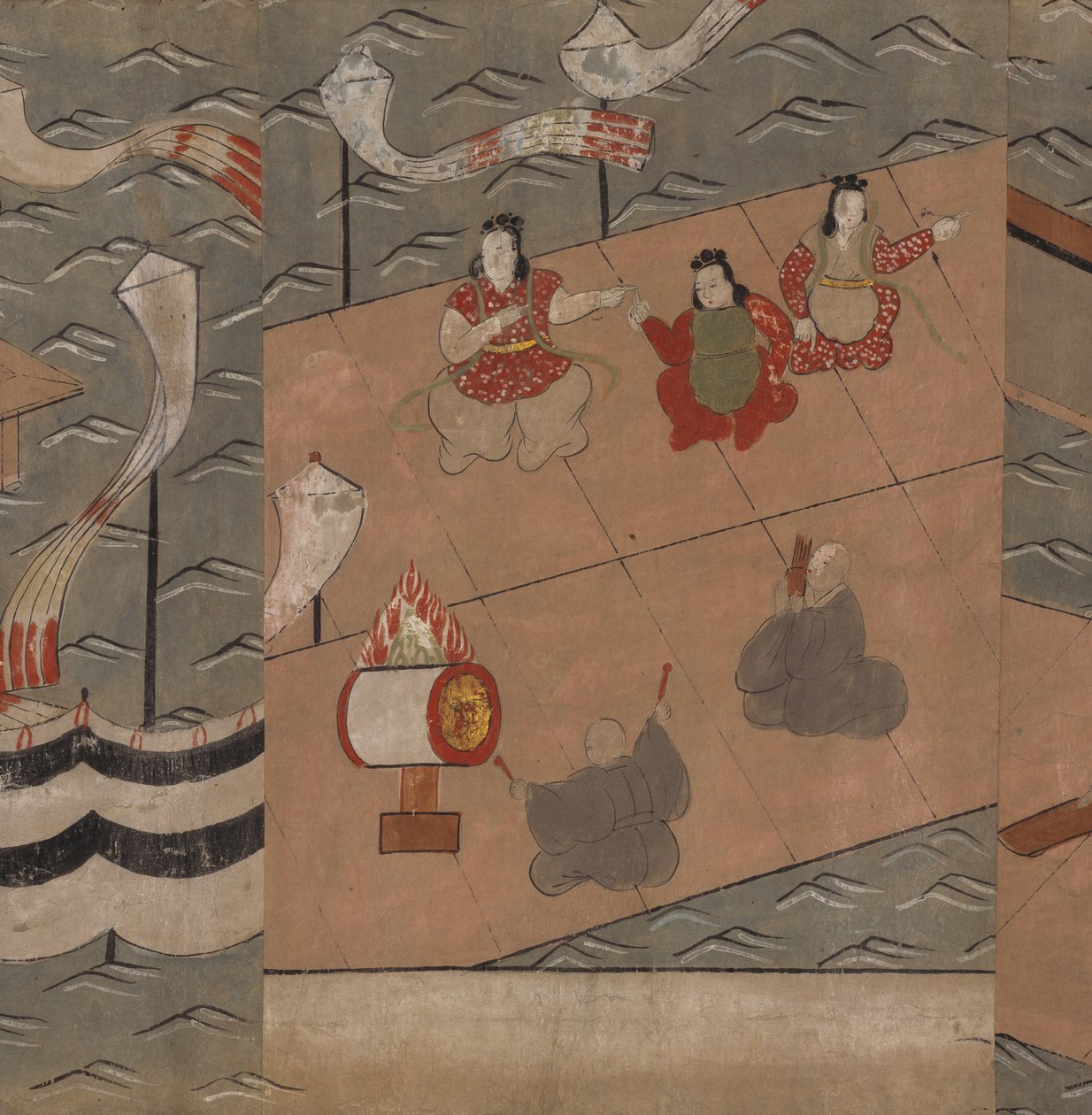 Čínští hudebníci, ilustrace z „Taishokkan“ (inkoust a barva na papíře) od Japanese School
