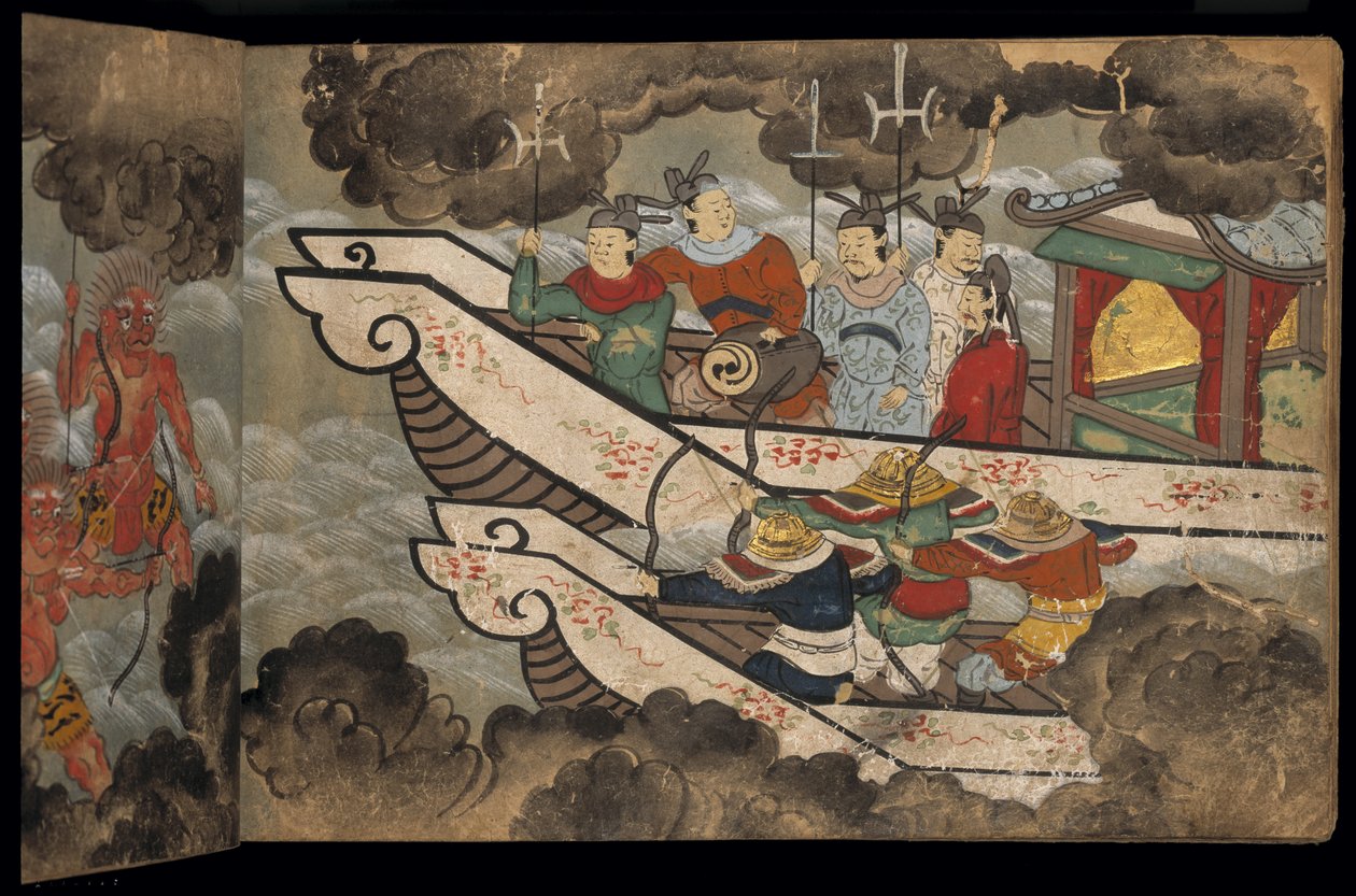 Čínští vojáci na lodích, ilustrace z „Taishokkan“ (inkoust a barva na papíře) od Japanese School