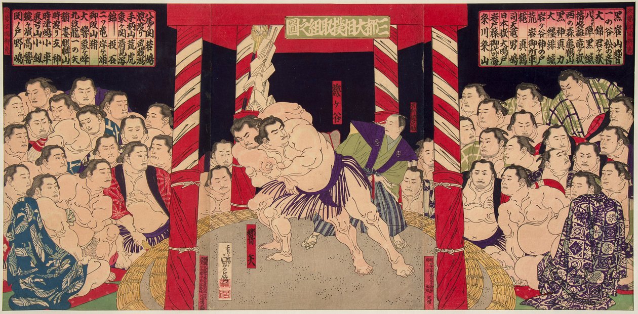 Boj de sumo entre Umegatani Totaro I (1845-1928) a Haibirya. Estampe vers 1860-1870 - Wrestlingový zápas Umegatani vs Haibirya, Anonymní. Barevný dřevoryt od Japanese School