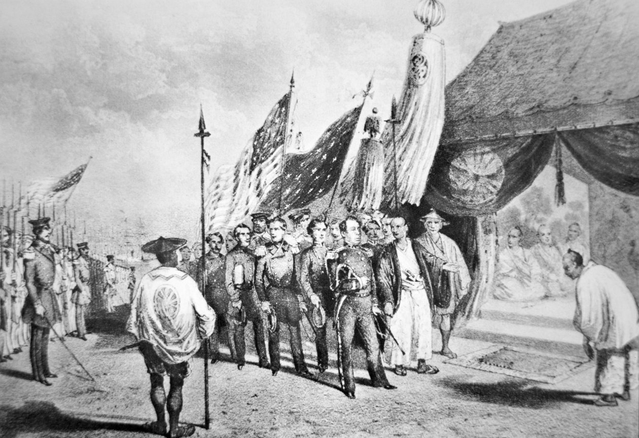 Komodor Perry v Japonsku v roce 1853 na setkání s císařskými komisaři v Jokohamě od Japanese School