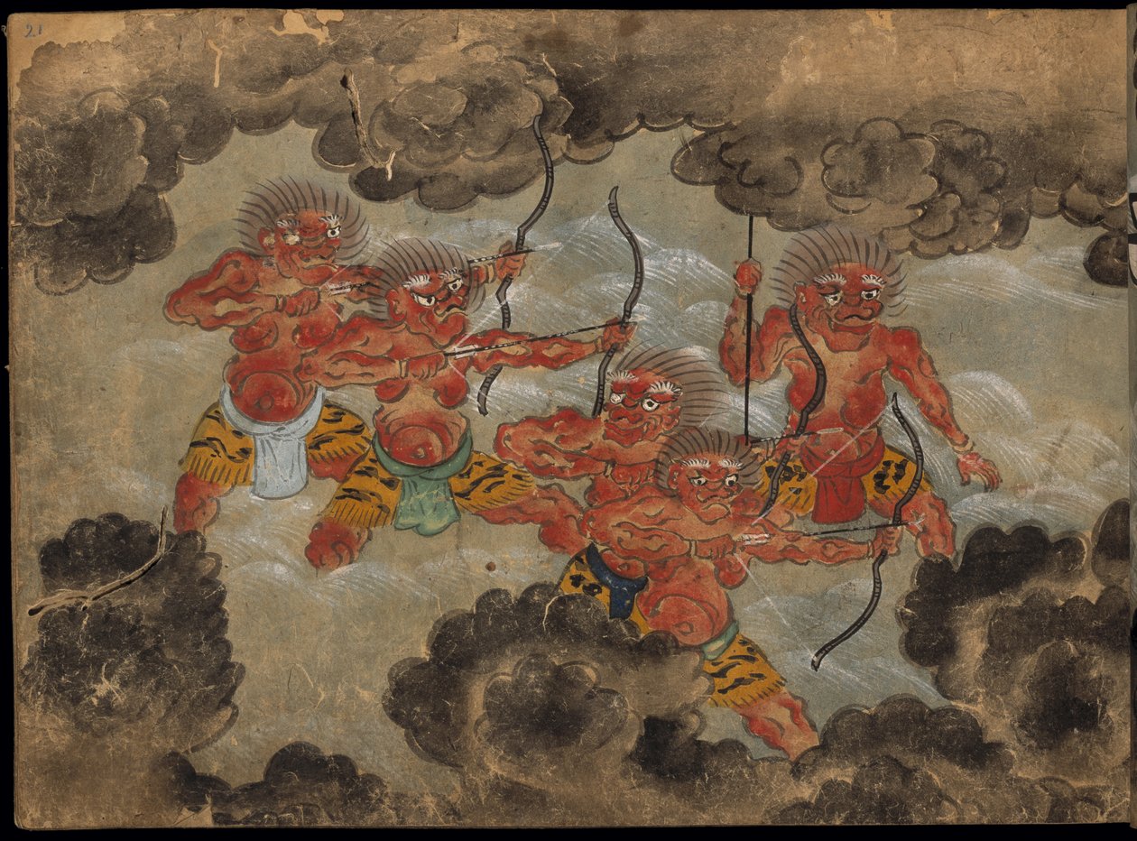 Démoni střílející z luků, ilustrace z „Taishokkan“ (inkoust a barva na papíře) od Japanese School