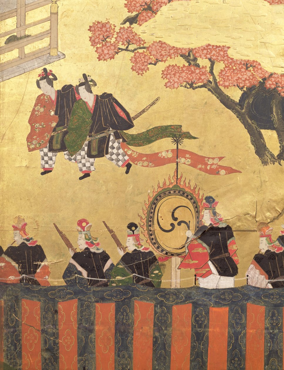 Detail ze čtyřlistého plátna s vyobrazením dvou dvořanů v kazaritači a vojáků, škola Tosa, období Edo (barvy, tuš, gofun a zlato na papíře) od Japanese School
