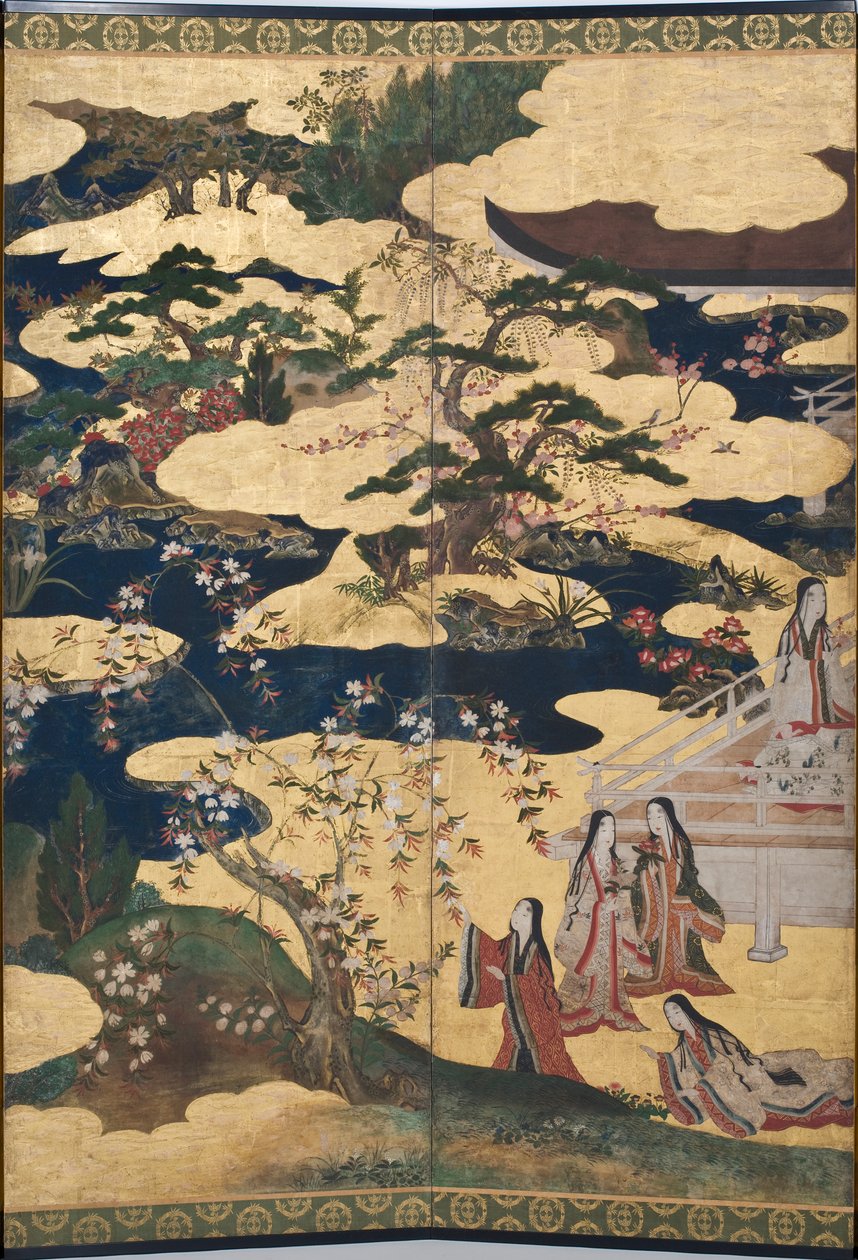 Detail jara v paláci, šestinásobná obrazovka z The Tale of Genji, cca 1650 (inkoust, barvy a zlato na papíře) od Japanese School