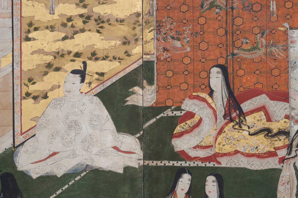 Detail jara v paláci, šestinásobná obrazovka z The Tale of Genji, cca 1650 (inkoust, barvy a zlato na papíře) od Japanese School