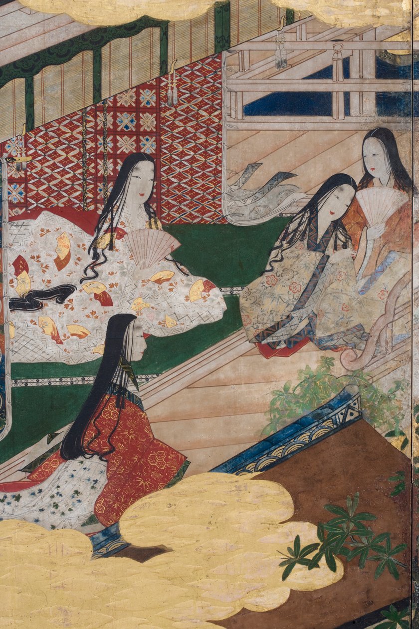 Detail jara v paláci, šestinásobná obrazovka z The Tale of Genji, cca 1650 (inkoust, barvy a zlato na papíře) od Japanese School