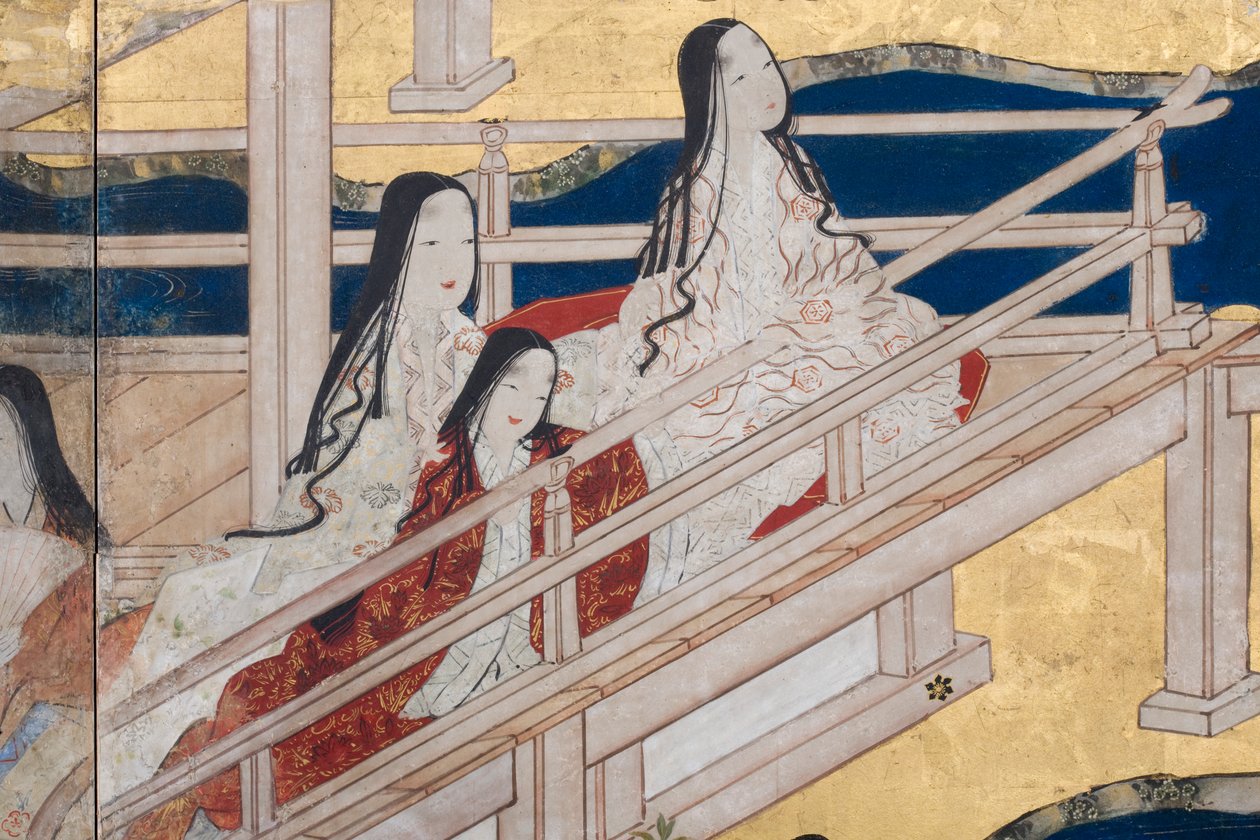Detail jara v paláci, šestinásobná obrazovka z The Tale of Genji, cca 1650 (inkoust, barvy a zlato na papíře) od Japanese School