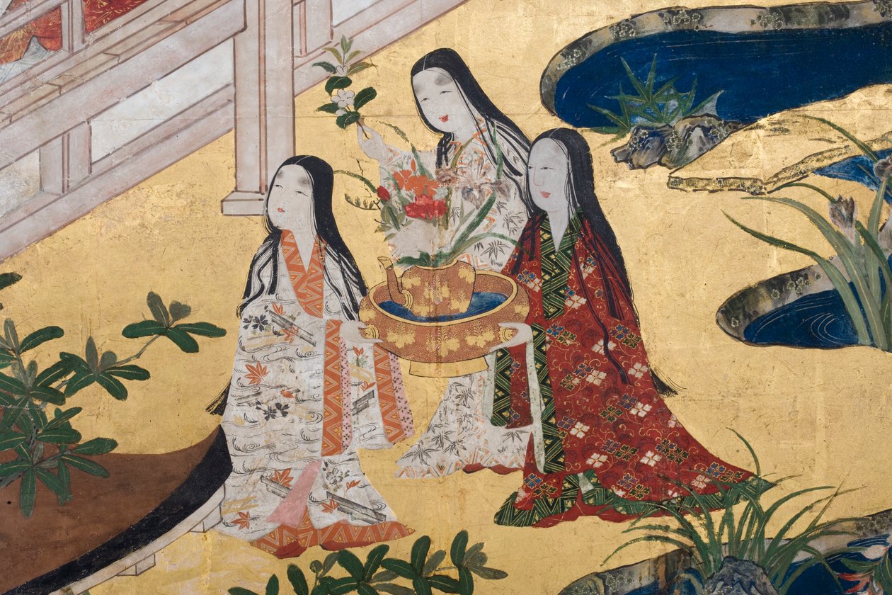 Detail jara v paláci, šestinásobná obrazovka z The Tale of Genji, cca 1650 (inkoust, barvy a zlato na papíře) od Japanese School