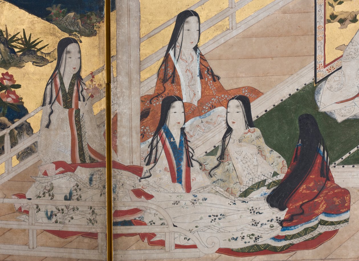 Detail jara v paláci, šestinásobná obrazovka z The Tale of Genji, cca 1650 (inkoust, barvy a zlato na papíře) od Japanese School