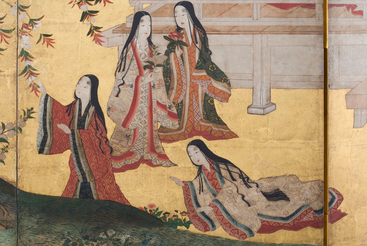 Detail jara v paláci, šestinásobná obrazovka z The Tale of Genji, cca 1650 (inkoust, barvy a zlato na papíře) od Japanese School