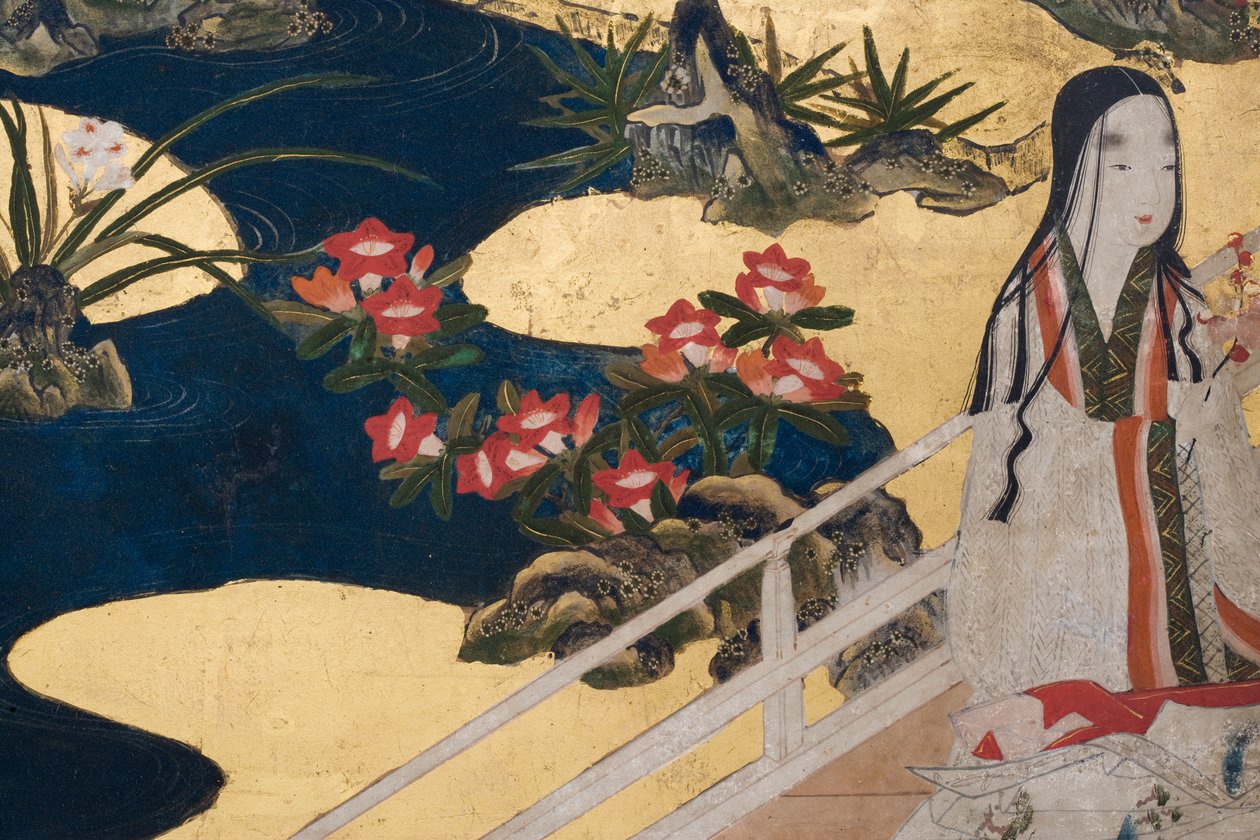 Detail jara v paláci, šestinásobná obrazovka z The Tale of Genji, cca 1650 (inkoust, barvy a zlato na papíře) od Japanese School