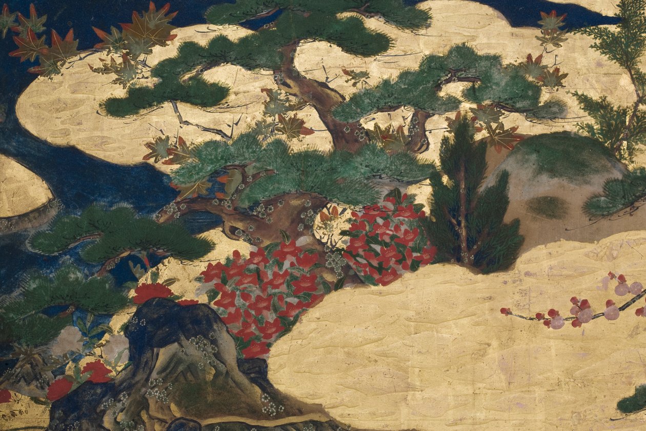 Detail jara v paláci, šestinásobná obrazovka z The Tale of Genji, cca 1650 (inkoust, barvy a zlato na papíře) od Japanese School