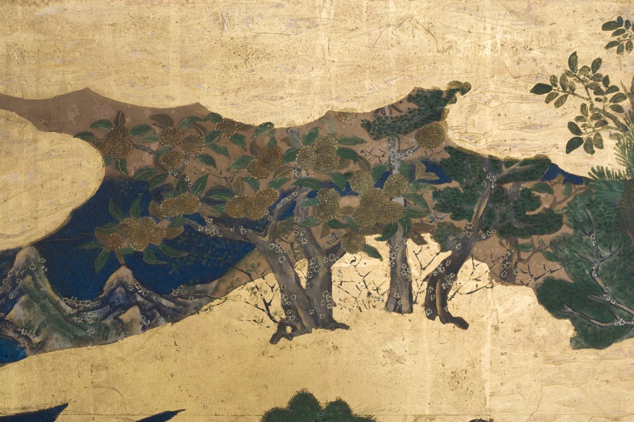 Detail jara v paláci, šestinásobná obrazovka z The Tale of Genji, cca 1650 (inkoust, barvy a zlato na papíře) od Japanese School