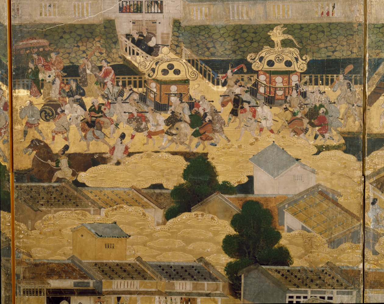 Detail pohledu na Kjóto a okolí (Rakuchu rakugai zu), ca.1616-24 (tuš, barva a plátkové zlato na papíře) od Japanese School