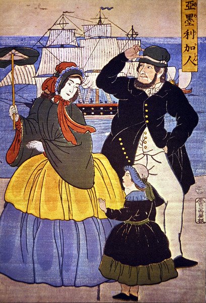 Evropská rodina v přístavu v Jokohamě namalovaná japonským umělcem v roce 1861 od Japanese School