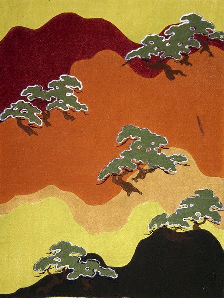 Látkový design hory se stromy, konec devatenáctého století (akvarel) od Japanese School