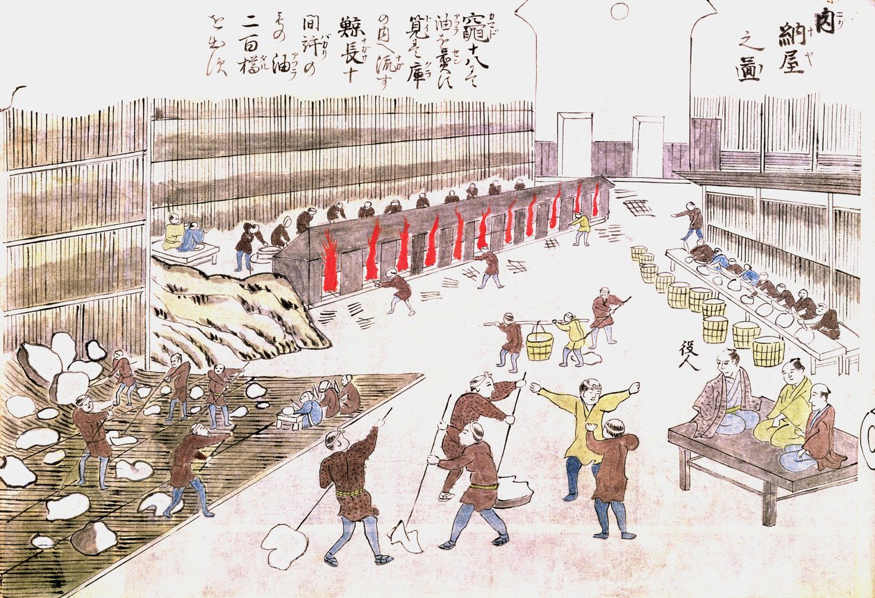 Továrna na přípravu velrybích produktů, konec 19. století (barevné rytí) od Japanese School