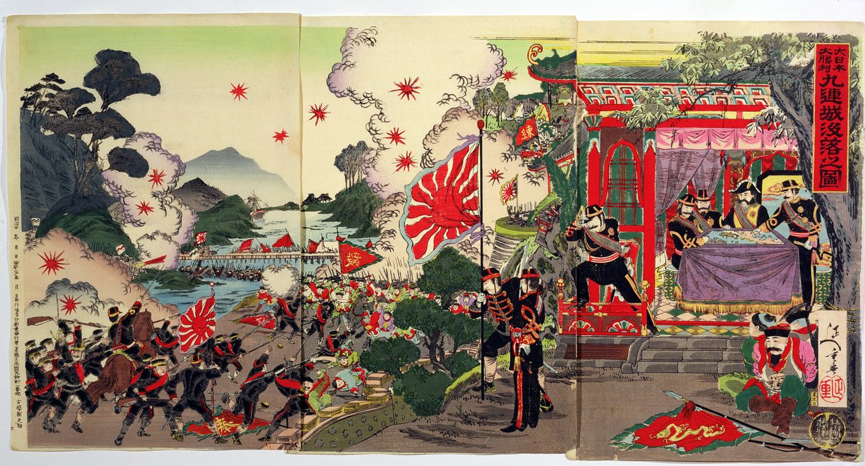 Boj mezi japonskými a čínskými jednotkami prozkoumán skupinou japonských důstojníků, epizoda z čínsko-japonské války, konec 19. století (barevný dřevořez) od Japanese School