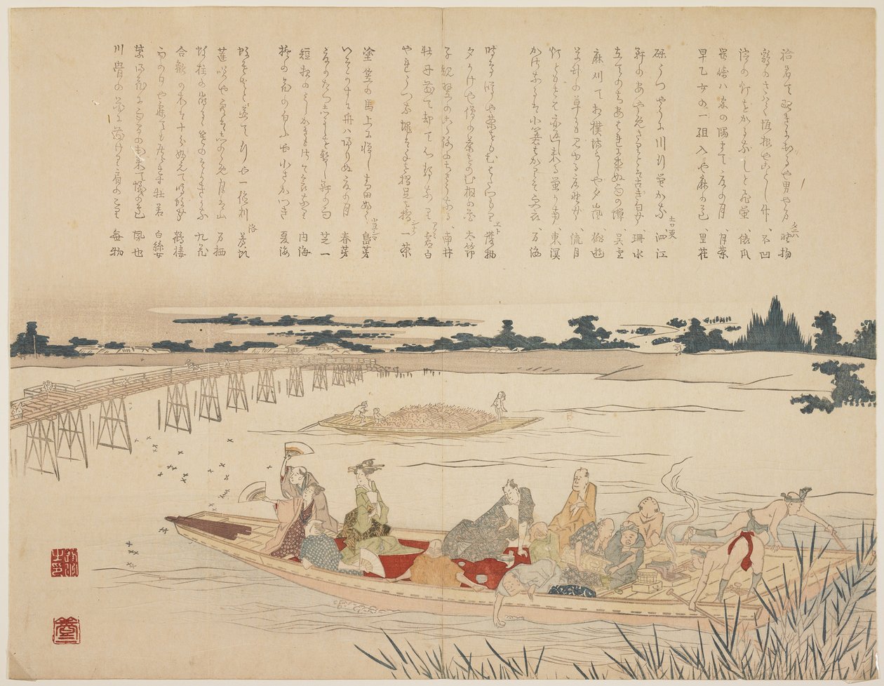 Firefly Viewing Party, c.1818-29 (barevný dřevořez, karazuri na části řeky) od Japanese School
