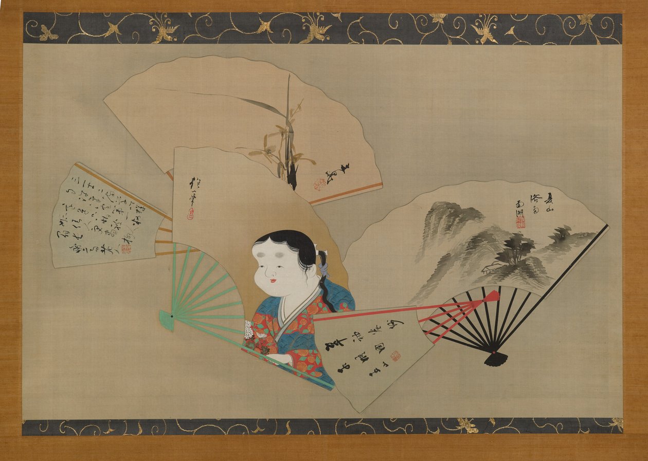 Five Fans, od Sakai Hoitsu (1761-1828), Tani Buncho (1763-1840), Haruki Nanko (1759-1839), Kameda Bosai (1752-1826) a Kikuchi Gozan (1772-1855), c.1820s ), inkoust, gofun a zlato na hedvábí) od Japanese School