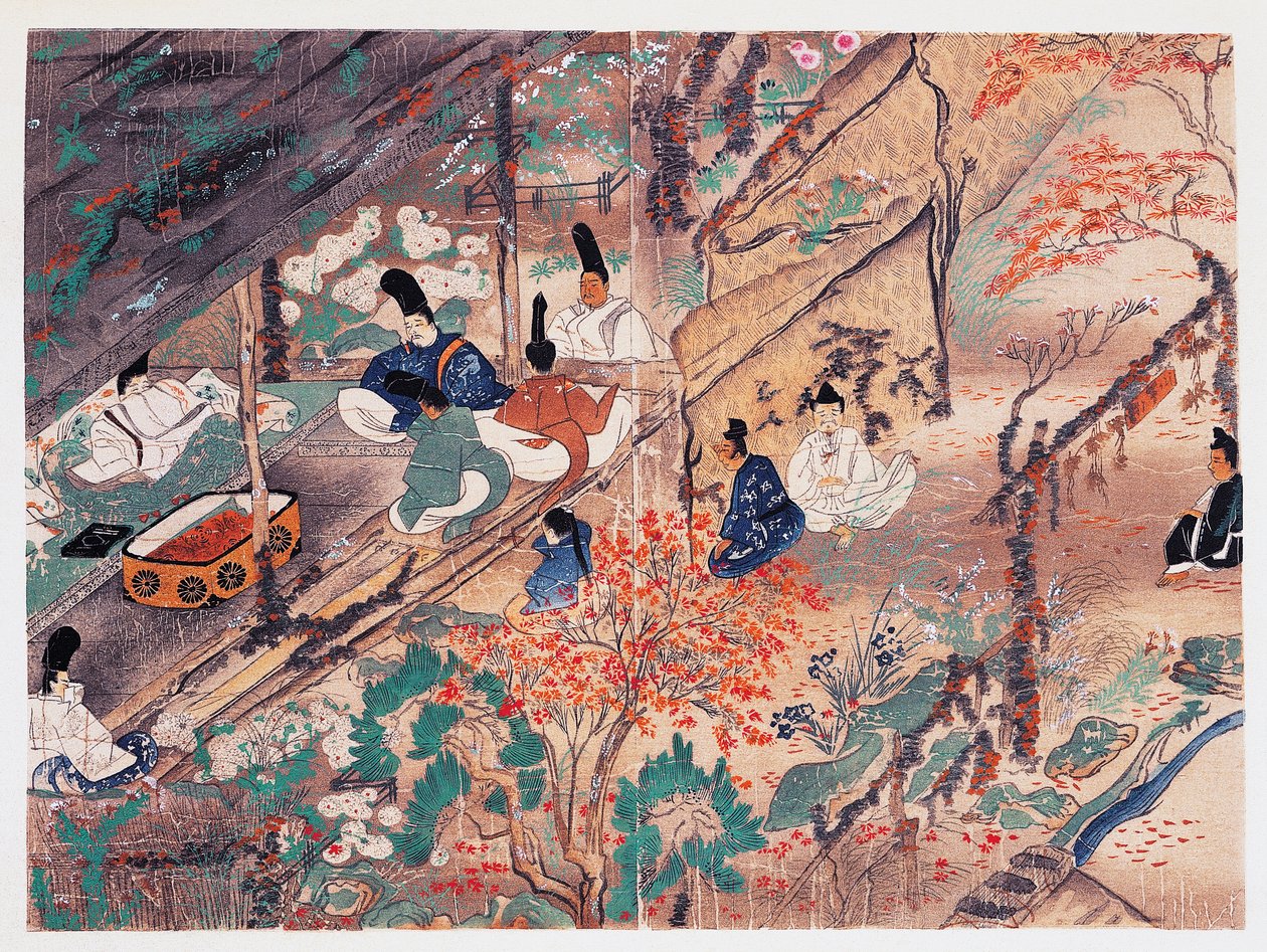 Heian státník a básník Sugawara Michizane (845-903), známý jako Tenjin-San (nebeský duch), v exilu ve svatyni Kitano Tenman-Gu v Kjótu rozděluje oblečení darované někdejším císařem, Fujiwara Nobuzane (1176-1268), Kamakura období (1185-1333), Japonsko od Japanese School