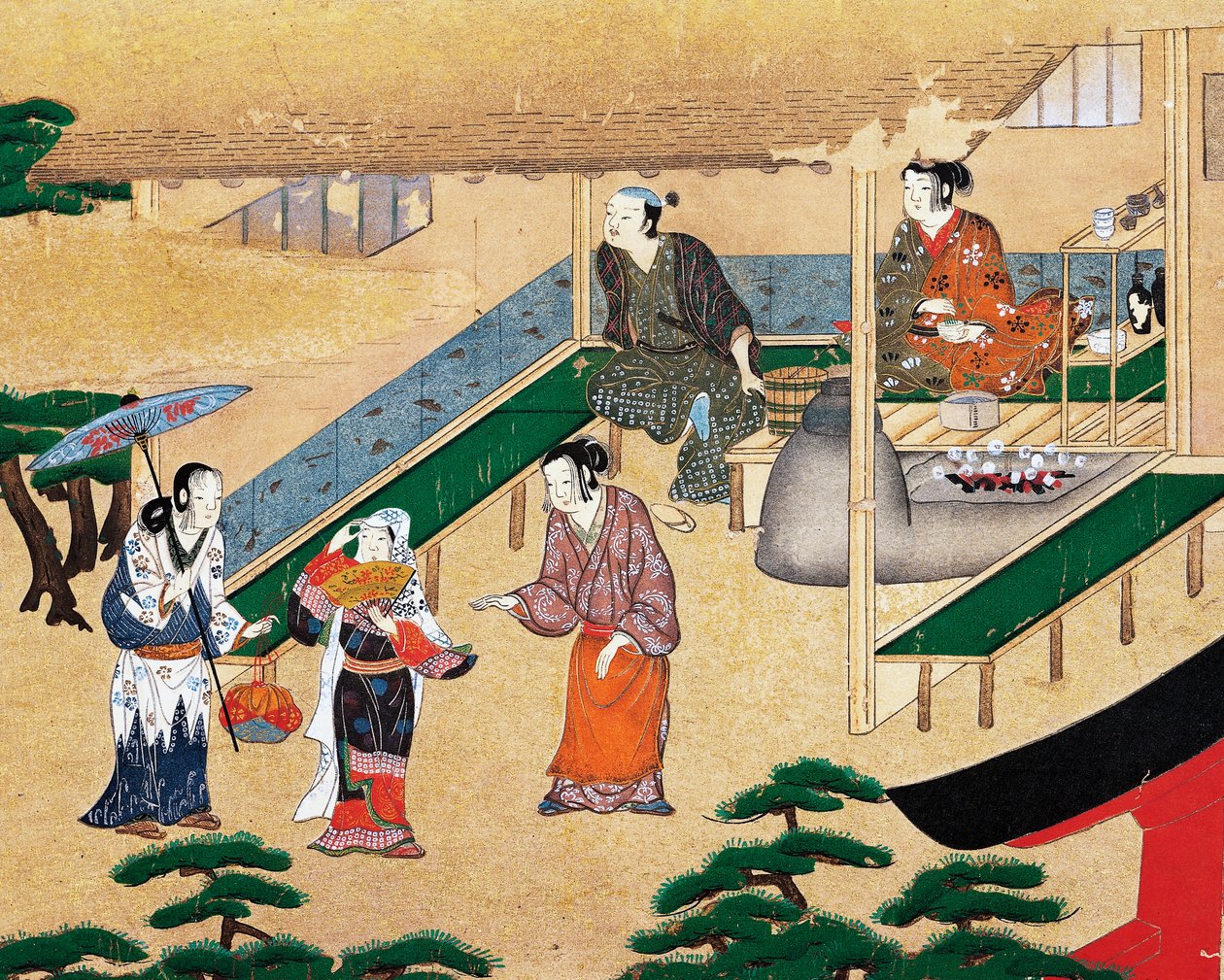 Uvnitř domu na okraji Kjóta, ukiyo-e, malba na hedvábí, škola Tosa, japonská civilizace od Japanese School