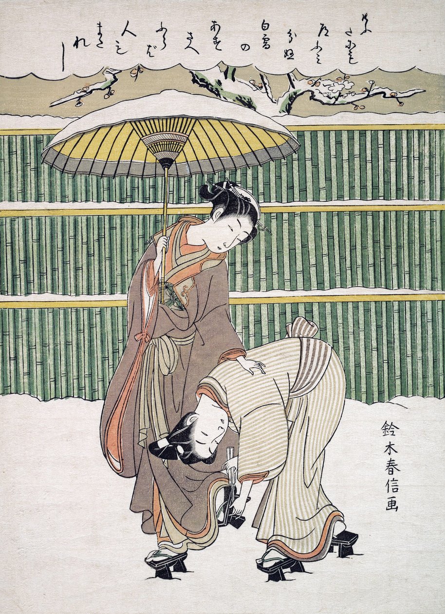 Japonští milenci procházky ve sněhu, hospoda. C. 1768 od Japanese School
