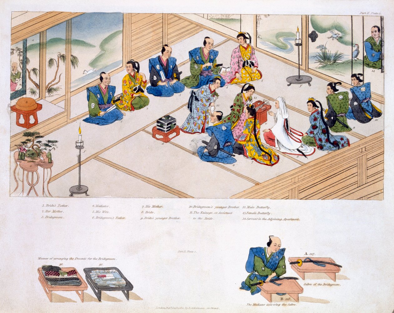 Japonské manželství: setkání dvou rodin, s prostředníkem, hospoda. 1824. od Japanese School